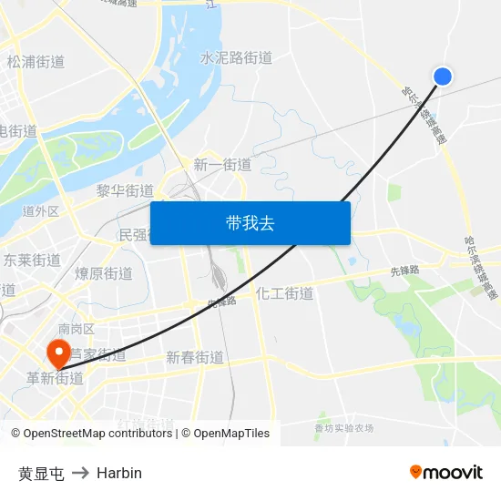 黄显屯 to Harbin map
