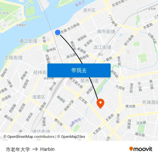 市老年大学 to Harbin map