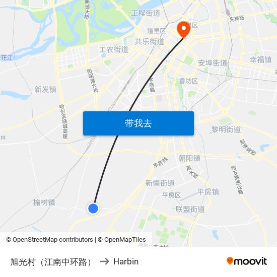 旭光村（江南中环路） to Harbin map