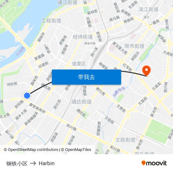 钢铁小区 to Harbin map