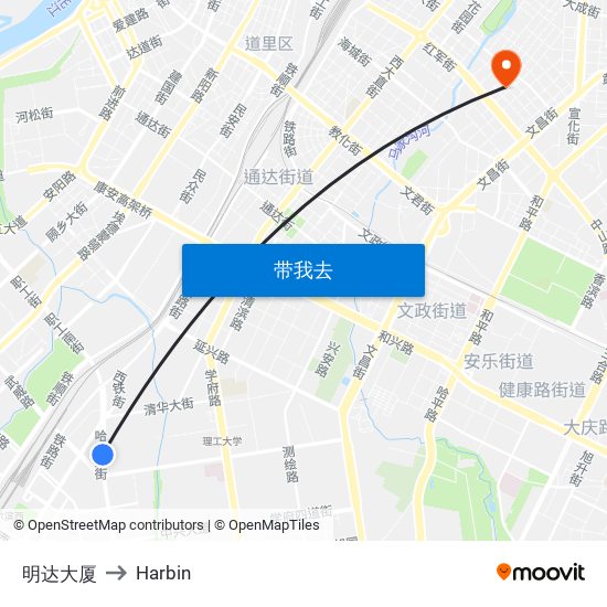 明达大厦 to Harbin map