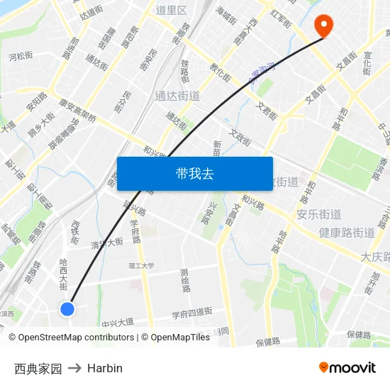 西典家园 to Harbin map