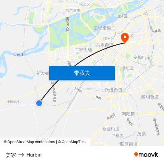 姜家 to Harbin map
