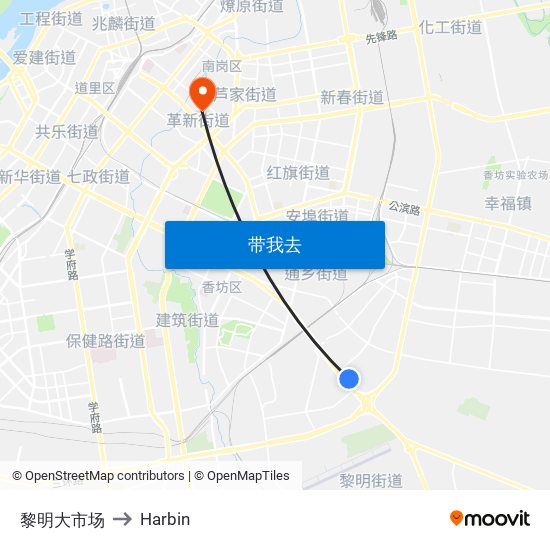 黎明大市场 to Harbin map