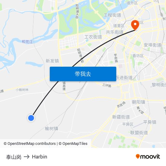 泰山岗 to Harbin map