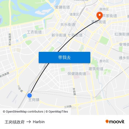 王岗镇政府 to Harbin map