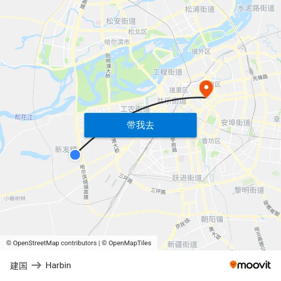 建国 to Harbin map