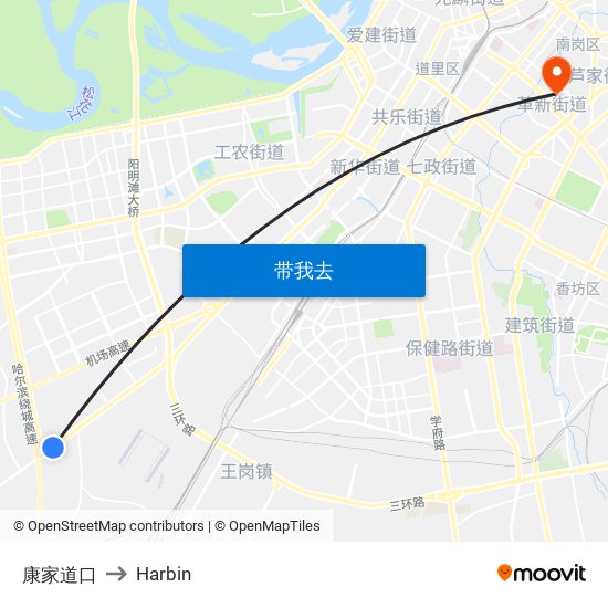 康家道口 to Harbin map