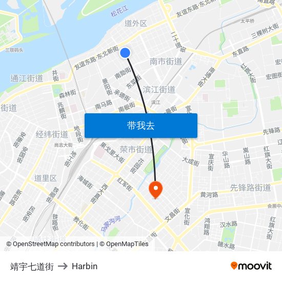 靖宇七道街 to Harbin map