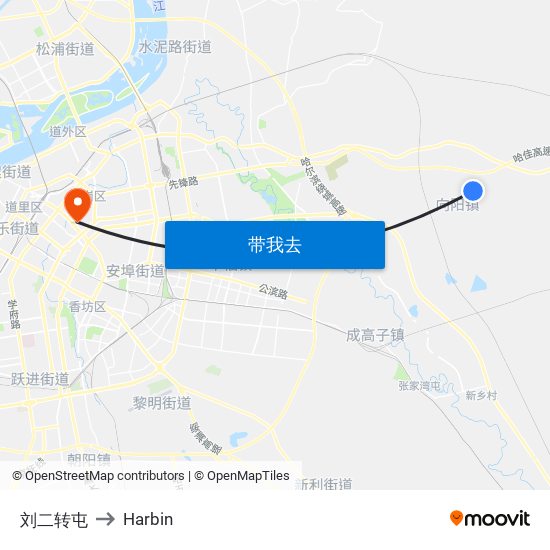 刘二转屯 to Harbin map