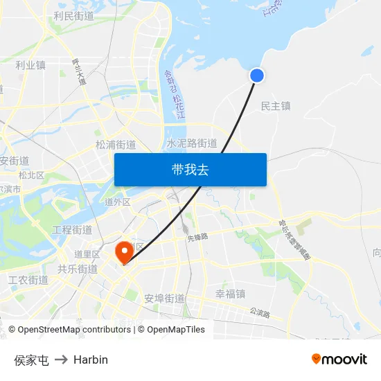 侯家屯 to Harbin map
