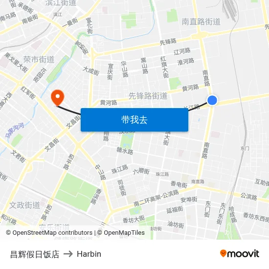 昌辉假日饭店 to Harbin map