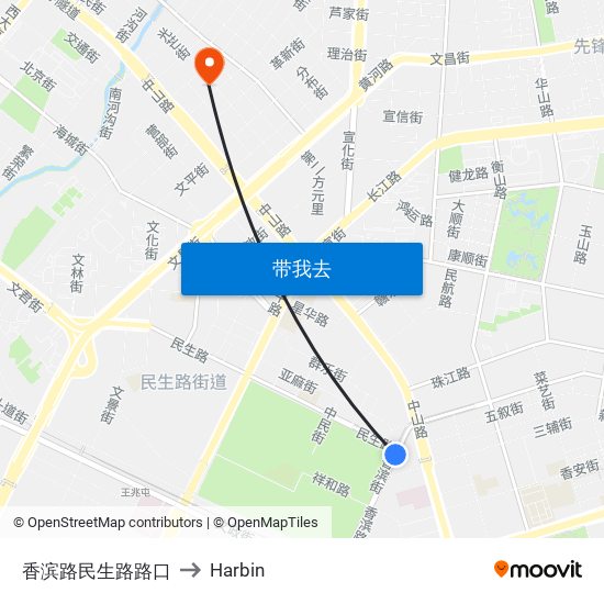 香滨路民生路路口 to Harbin map