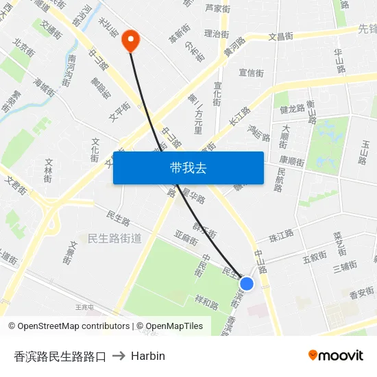 香滨路民生路路口 to Harbin map