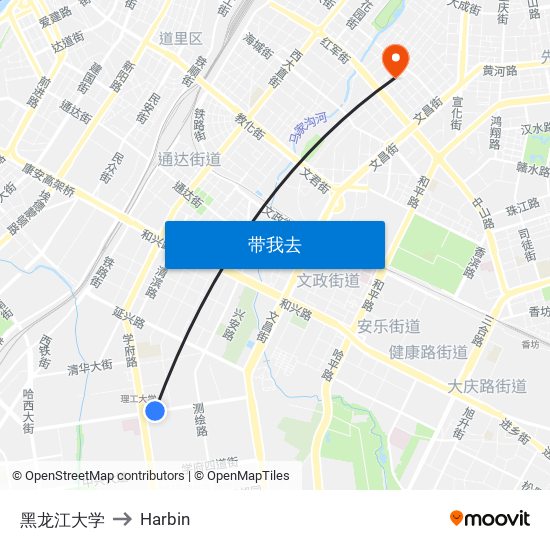 黑龙江大学 to Harbin map