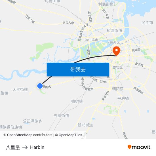 八里堡 to Harbin map