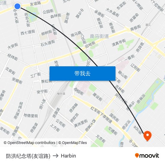 防洪纪念塔(友谊路) to Harbin map