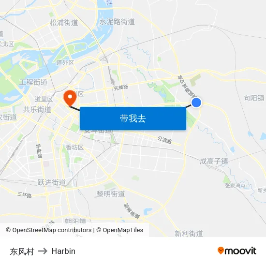 东风村 to Harbin map