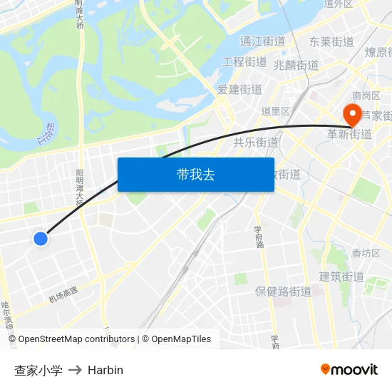 查家小学 to Harbin map