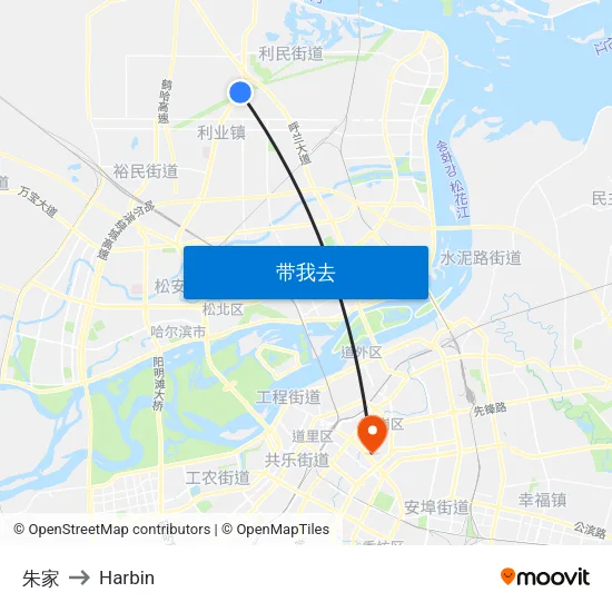 朱家 to Harbin map