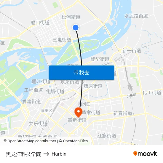 黑龙江科技学院 to Harbin map