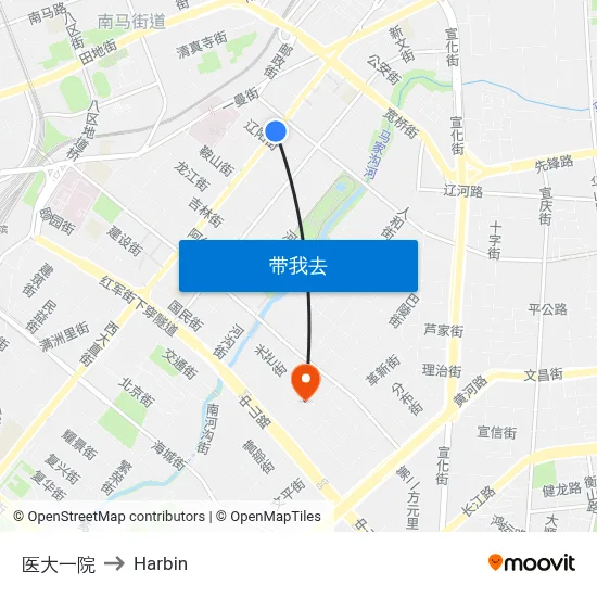 医大一院 to Harbin map