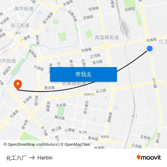 化工六厂 to Harbin map