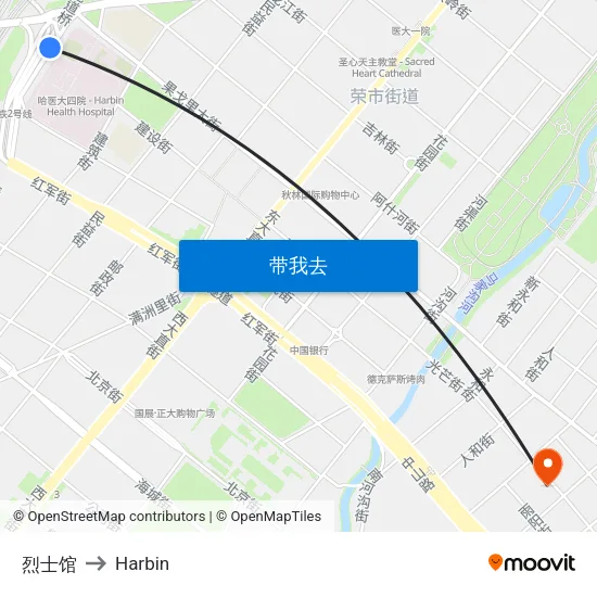 烈士馆 to Harbin map