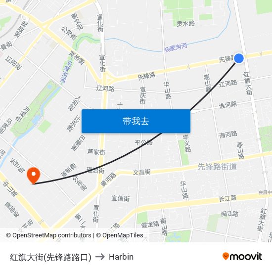 红旗大街(先锋路路口) to Harbin map