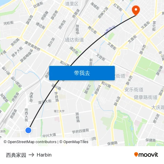 西典家园 to Harbin map