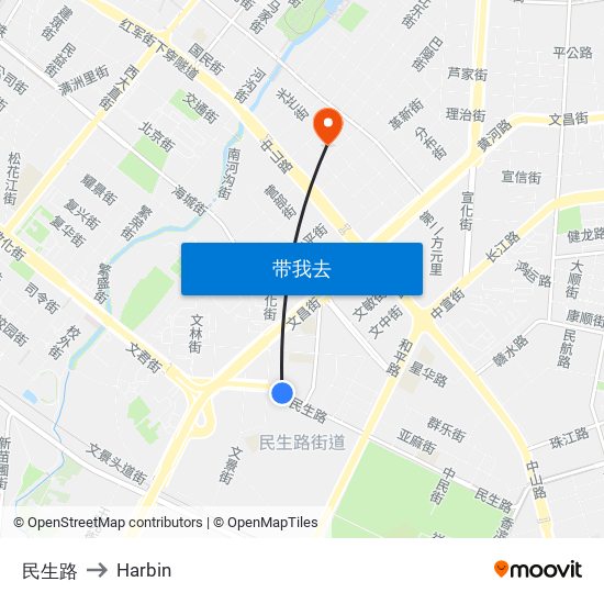 民生路 to Harbin map