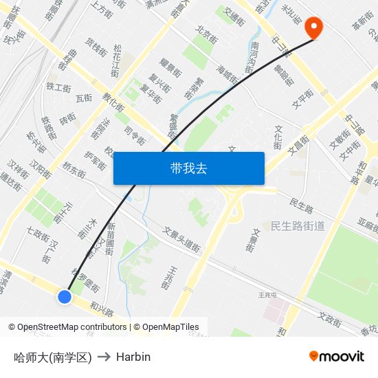 哈师大(南学区) to Harbin map