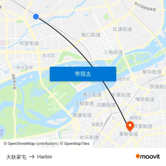 大耿家屯 to Harbin map
