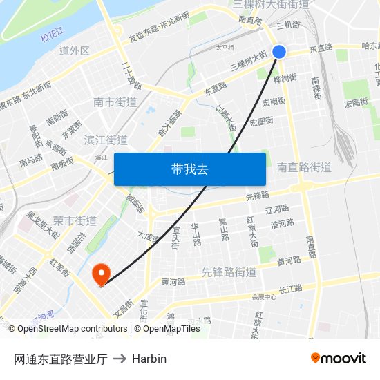 网通东直路营业厅 to Harbin map