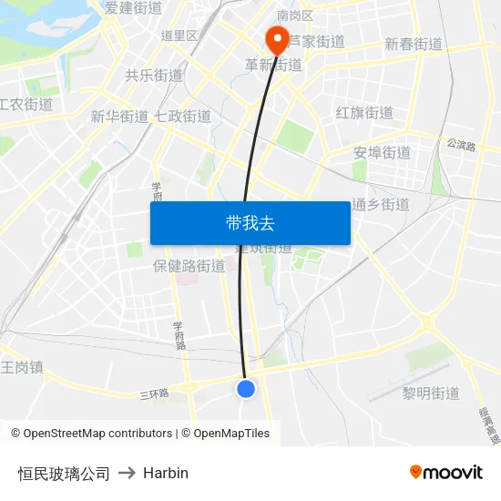 恒民玻璃公司 to Harbin map