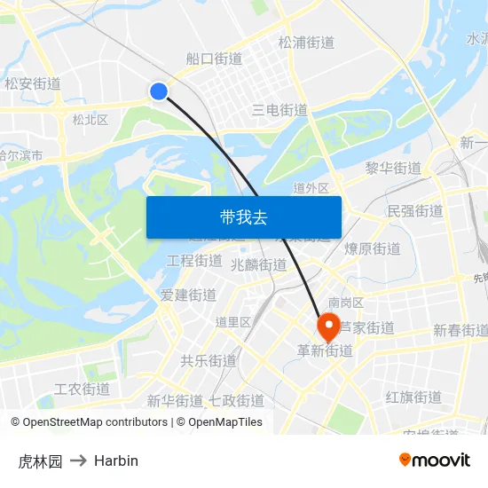 虎林园 to Harbin map