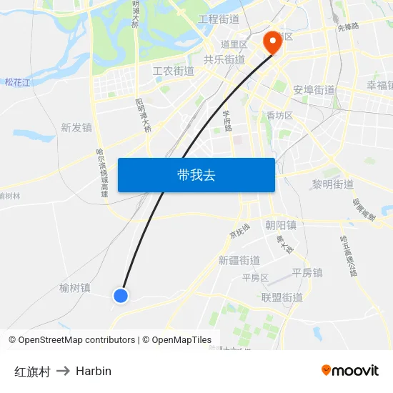 红旗村 to Harbin map