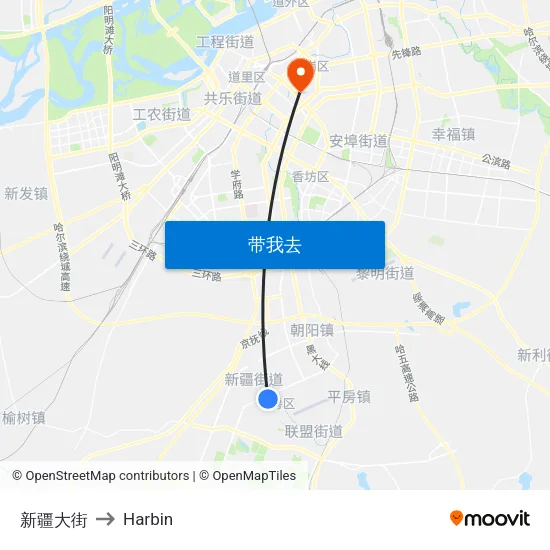 新疆大街 to Harbin map