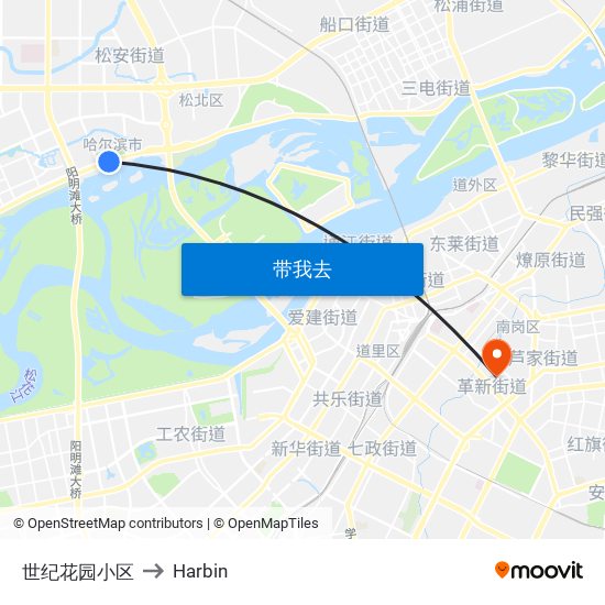 世纪花园小区 to Harbin map