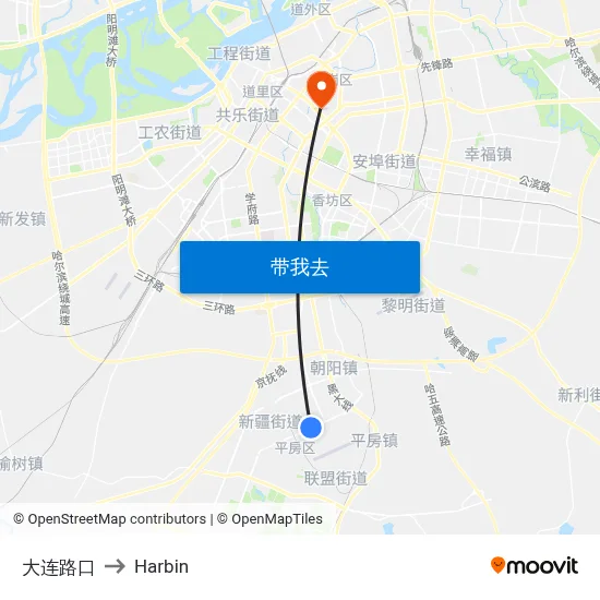 大连路口 to Harbin map