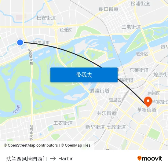 法兰西风情园西门 to Harbin map