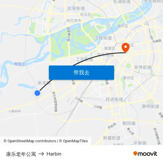 康乐老年公寓 to Harbin map