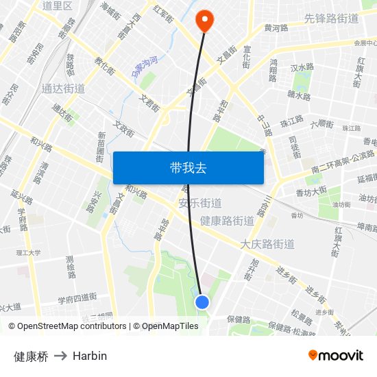 健康桥 to Harbin map