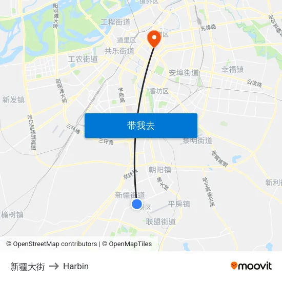 新疆大街 to Harbin map
