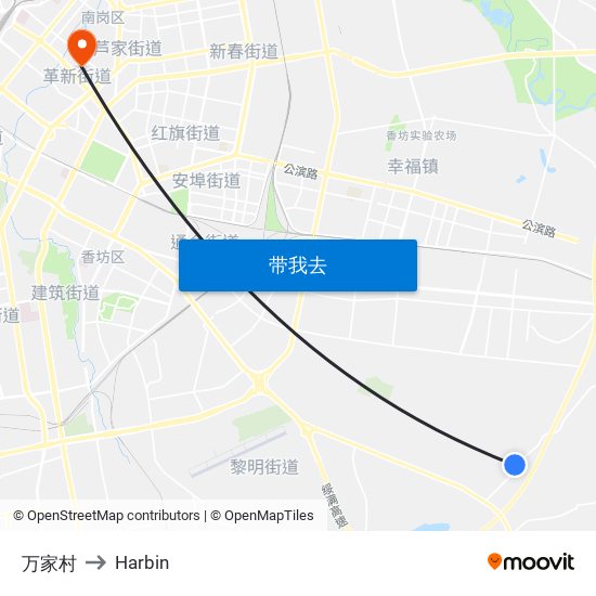 万家村 to Harbin map