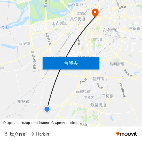 红旗乡政府 to Harbin map