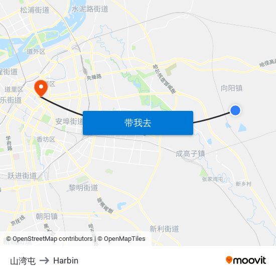 山湾屯 to Harbin map