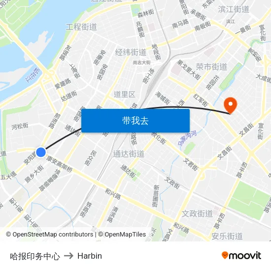 哈报印务中心 to Harbin map