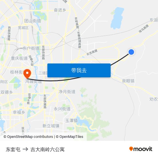 东套屯 to 吉大南岭六公寓 map