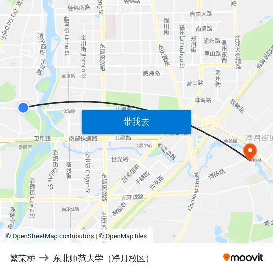 繁荣桥 to 东北师范大学（净月校区） map